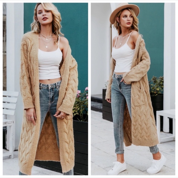 Back2Basics Sweaters - Cable Knit Open Cardigan Sweater Pockets BB315